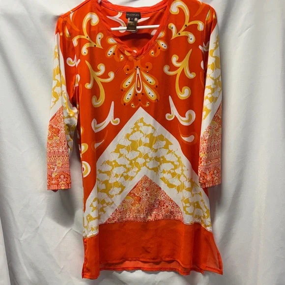 Multiples Orange and White Patterned V-Neck Tunic - Picture 1 of 6